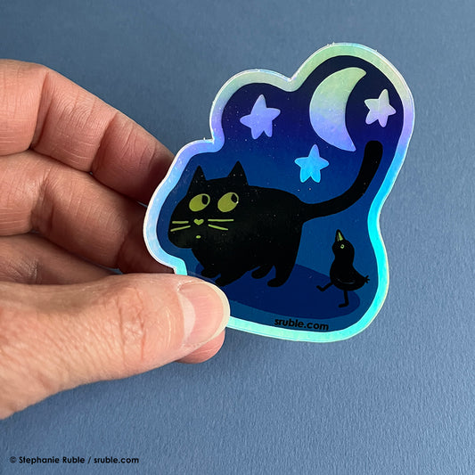 Black Cat and Bird Under Moon and Stars Sticker (Holographic Vinyl)