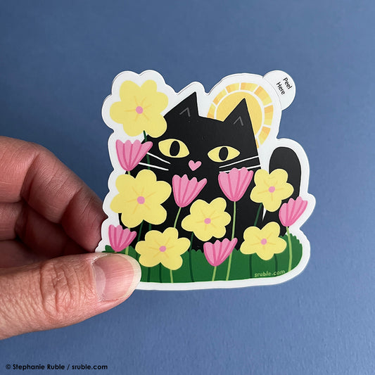 Black Cat in Flower Garden Sticker (Vinyl)