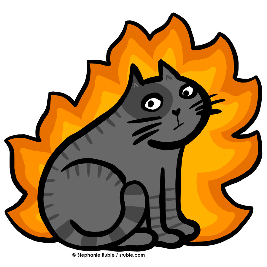 grey and dark grey striped cat, with dark grey around one eye. the cat looks at viewer with a slight frown, and there are flames behind that go all around the cat