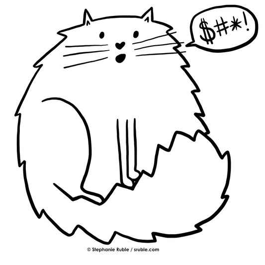 black line art on white of a big fluffy white cat with a speech bubble on the top right, "$#*!"