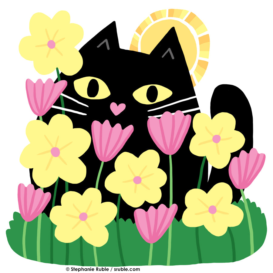 small black cat hides behind pink and yellow flowers, with a yellow sun behind their ear on the right