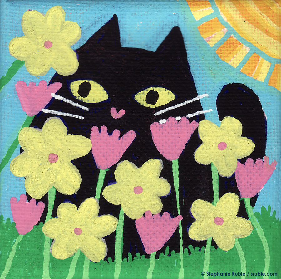 small square painting with little black cat hiding behind pink and yellow flowers, with a striped sun in the upper right corner and grass below.