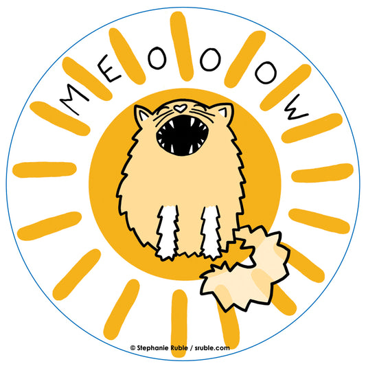 Circle with a yellow sun, and in the middle of the sun, a yellow cat looking up with its mouth open and fangs showing. Above the cat are letters spaced out between the rasy of the sun, "MEOOOW"