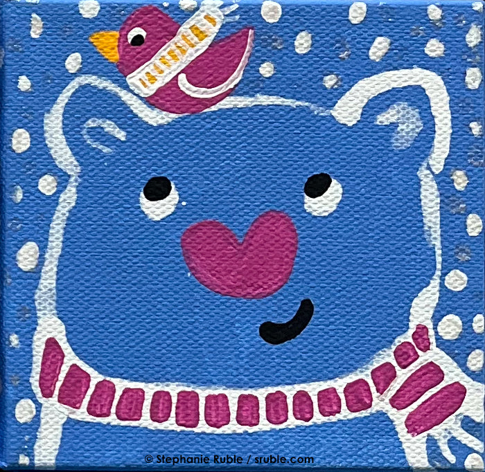 small square light blue painting with a white line art bear wearing a pink striped scarf, with a pink heart nose. there's a pink bird with a yellow striped scarf sitting on the bear's head and there's snow in the background