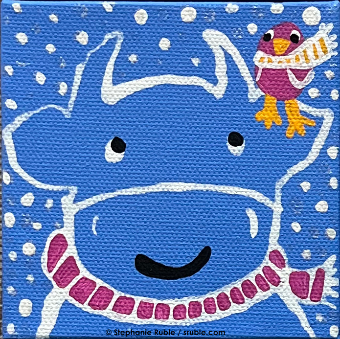 small square light blue painting with a white line art cow wearing a pink striped scarf. there's a pink bird with a yellow striped scarf sitting on the cow's ear on the right and there's snow in the background