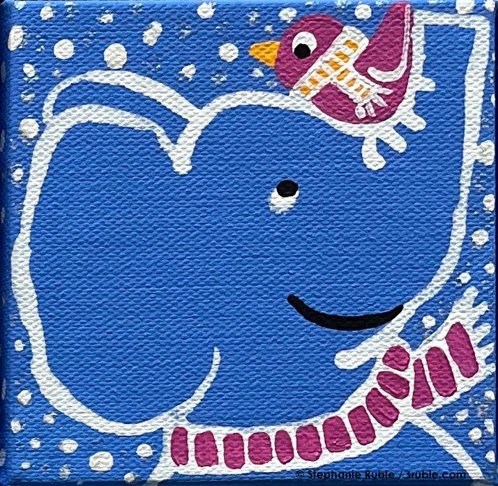 small square light blue painting with a side view (facing right) of a white line art elephant wearing a pink striped scarf. there's a pink bird with a yellow striped scarf on the sitting on the elephant's trunk and there's snow in the background