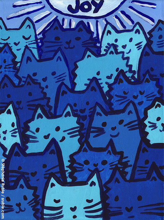 painting of a crowd of cats in different shades of blue with different expressions, under a big white sun with blue and white lines radiating toward the cats. "JOY" is painted in the middle of the sun.