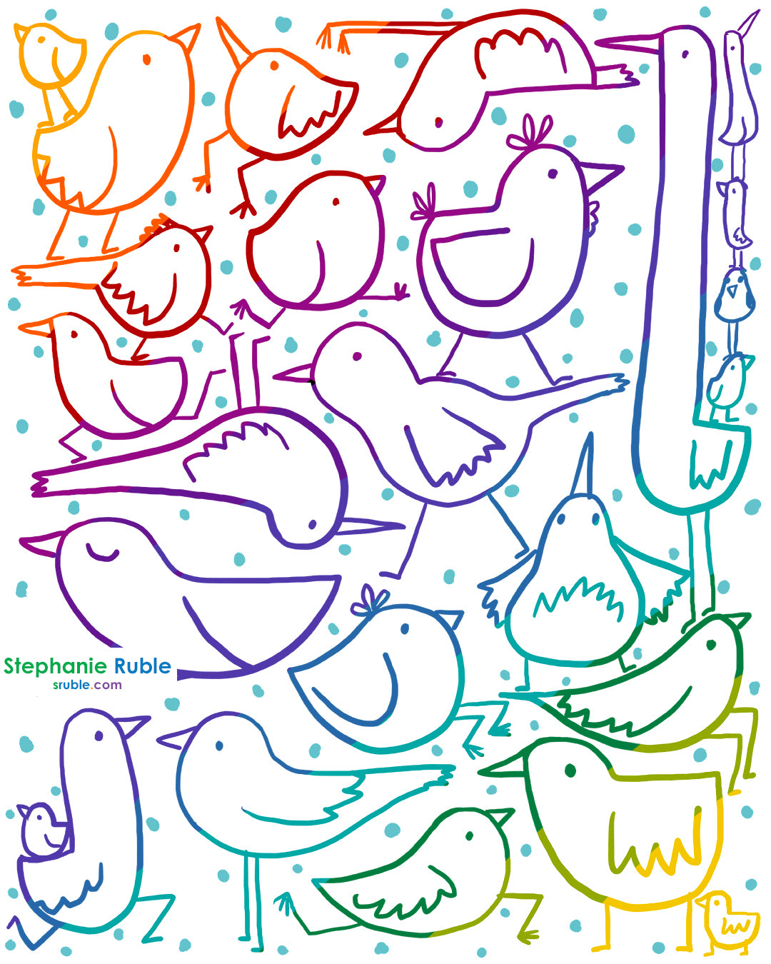 bird line art all over the image in different sizes and shapes, fit together like a puzzle and dots in the background. the lines are rainbow colored, starting with yellow orange on top left, and moving through red, purple, blue, green, and ending with yellow in the lower right