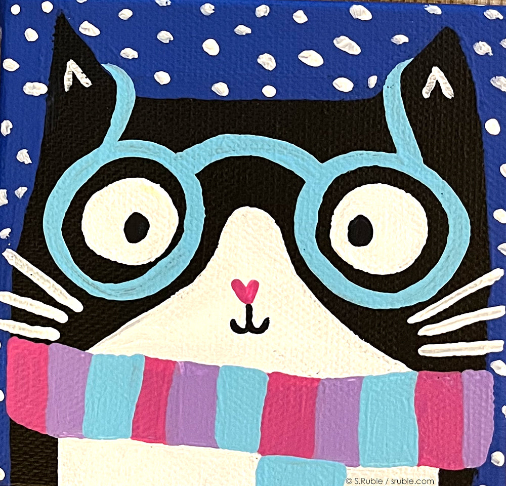  painting of a tuxedo cat wearing a striped scarf and light blue glasses with a snowy background. 