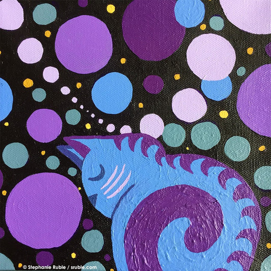 square painting of a blue cat with purple stripes and tail sleeping in the lower right corner. all around them are big and small circles in grey, multiple purple hues, blue, and yellow. the background is black, so it looks like the circles are in outer space